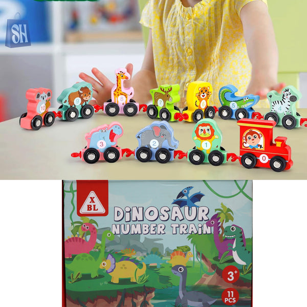 قطار الأرقام والحيوانات الخشبي – لعبة تعليمية 11 قطعة