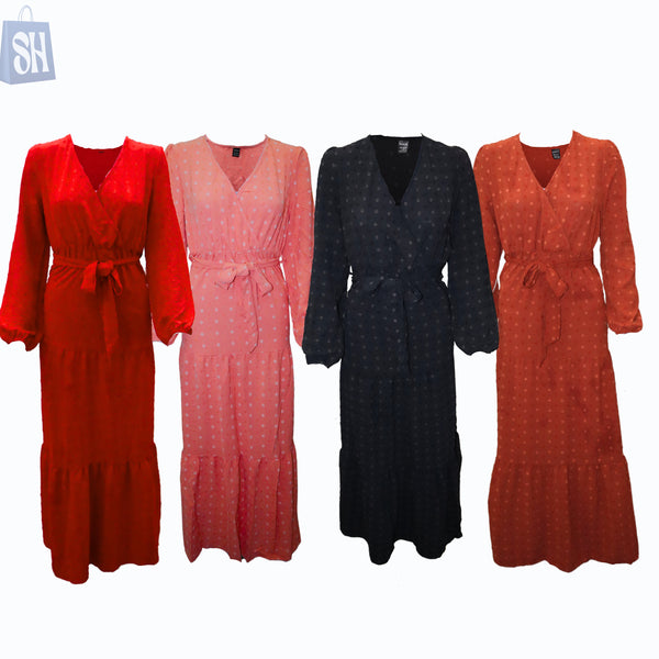 Wrap-Style Dotted Maxi Dress – Timeless Elegance