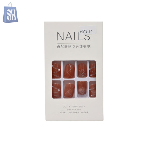 أظافر صناعية حمراء صدئة بتصميم لامع فضي - مجموعة أظافر اصنعها بنفسك