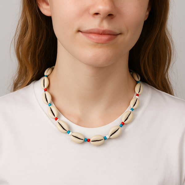 قلادة من صدفة الكاوري مع حبات زرقاء وحمراء.
