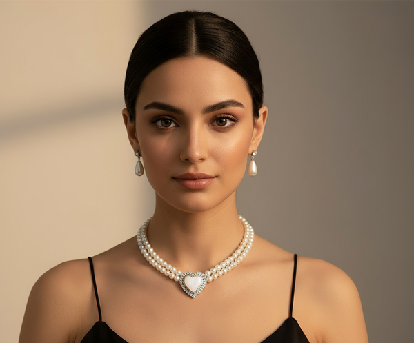 طقم مجوهرات أنيق على شكل قلب من اللؤلؤ - قلادة وأقراط