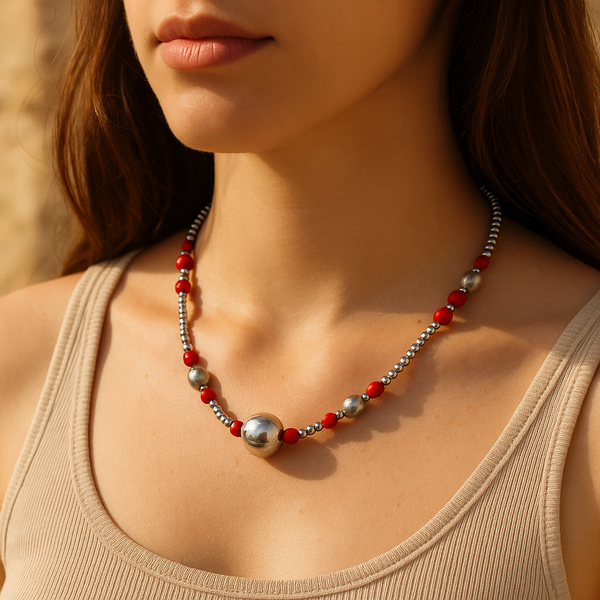 قلادة أنيقة من الخرز الفضي والأحمر