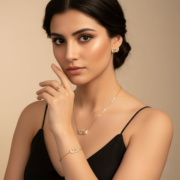 طقم مجوهرات رومانسية على شكل بجعة - قلادة، سوار، خاتم وأقراط