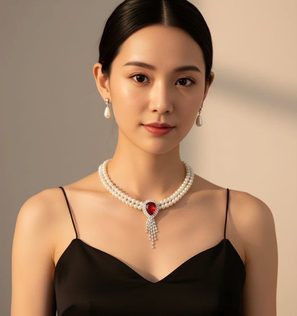 طقم عقد وأقراط متدلية من اللؤلؤ بتصميم مستوحى من الطراز القديم مع قطعة مركزية من الأحجار الكريمة الحمراء